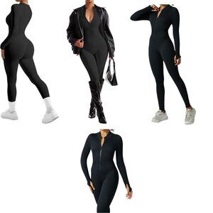 Women's Jumpsuits Ribbed Long Sleeve Zip Front Sport Bodysuits Yoga Seamless One